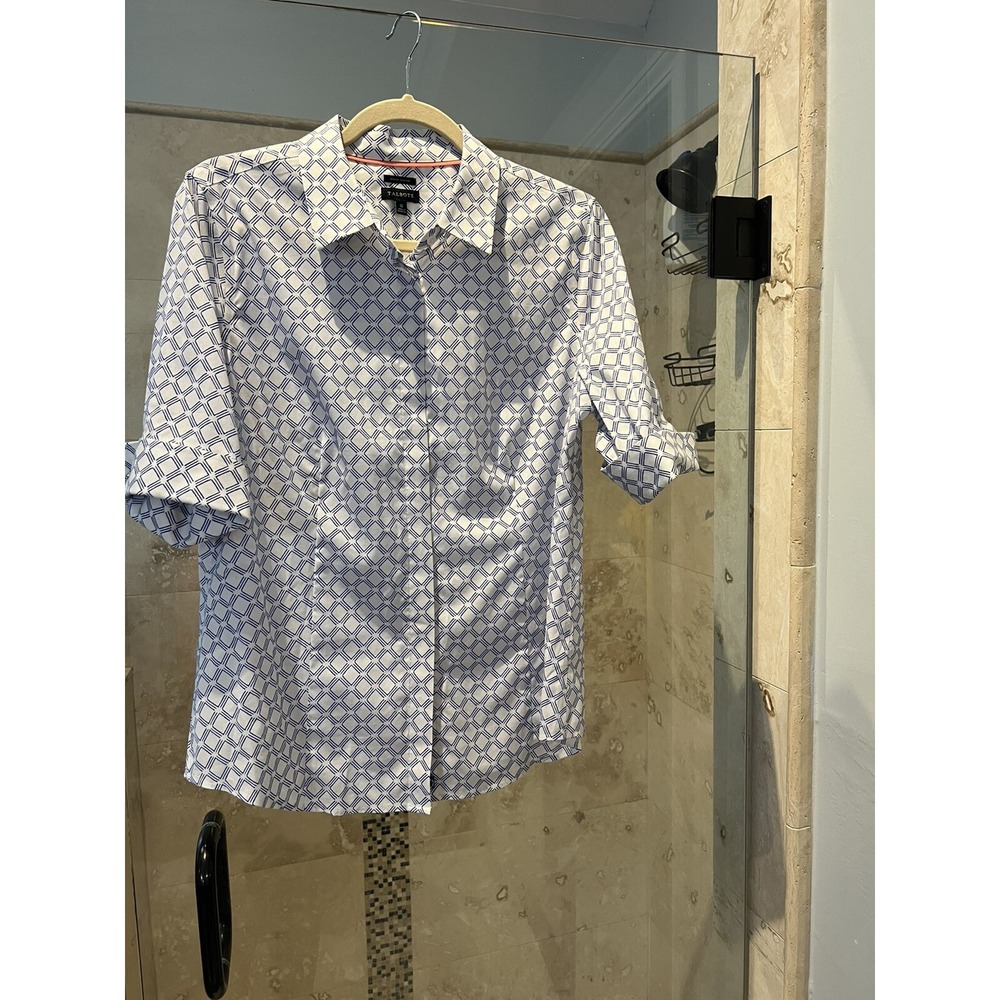 Talbots Womens Shirt 12 Blue Bamboo Button Up Wrinkle Resistant 3/4 Sleeve
